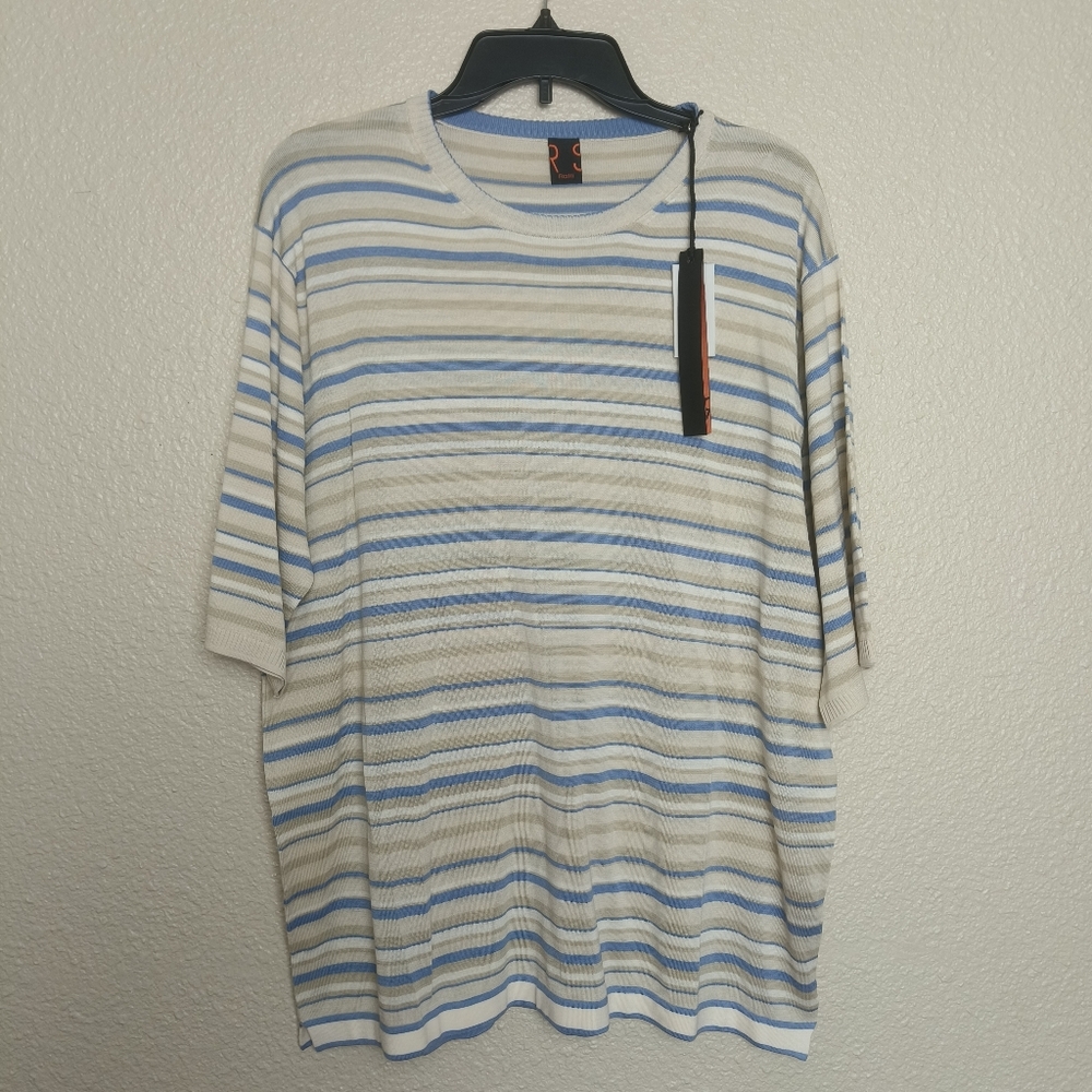 Raffi women's blouse‎ size Xl Beige striped short sleeve silk/cashemire/cotton